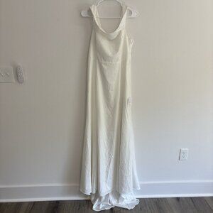 Lulus Off Shoulder‎ White Wedding Dress Gown Womens Size XL Leg Slit Stretch